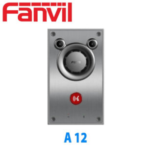 An image of the Fanvil A12 door phone with a silver finish, featuring a speaker, microphone, and a call button with a red emblem.