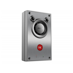 A sleek, silver modern intercom system with a central speaker, two smaller microphones, and an illuminated red call button.