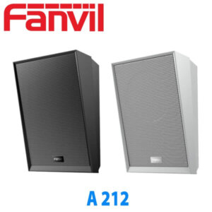 Two Fanvil A212 wall-mounted speakers in black and white colors on a white background.