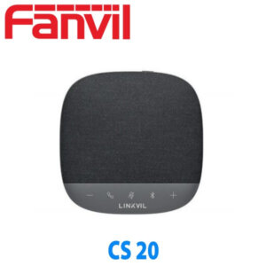 A Fanvil CS20 conference speakerphone with a black fabric cover and touch-sensitive controls displayed on a white background.