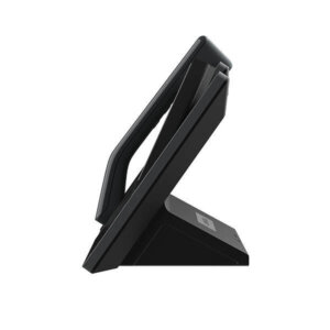 A side view of a modern black computer monitor with a thin profile and a stylish stand on a white background.