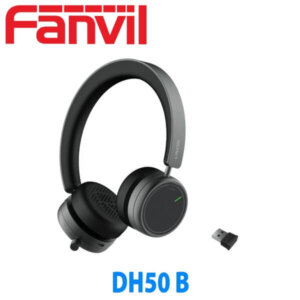 A black Fanvil DH50B wireless headset with a USB dongle on a white background.