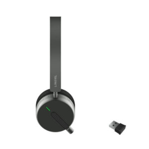 A gray wireless headset with a built-in microphone on the left earcup and a small USB wireless adapter to the right.