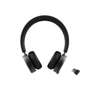 Black wireless over-ear headphones with a detachable USB adapter on a white background