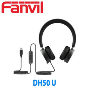 Black USB headset with inline control by Fanvil displayed against a white background.