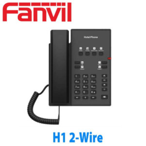 Black Fanvil hotel telephone with handset and numerical keypad displayed against a white background.