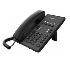 A black desk phone with multiple buttons and a handset on a white background