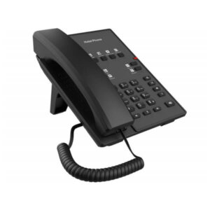 A black desk phone with a handset, numeric keypad, and function buttons on a white background