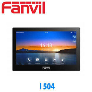 A Fanvil branded indoor station with a touchscreen interface showing time, date, and quick access buttons for communication functions.