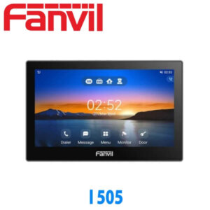 Fanvil branded intercom screen with digital clock and menu icons on a plain background.