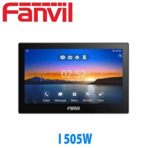 A smart video phone with touchscreen interface, displaying time and app icons, branded by Fanvil.