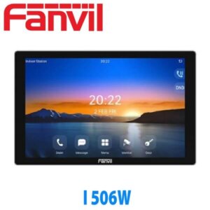 A digital touchscreen display of a Fanvil indoor station with interface icons and a scenic sunset background, model I506W.