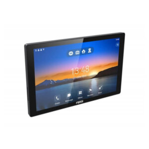 A sleek digital tablet with a landscape orientation displaying a user interface with icons for dialer, messages, menu, monitor, and door on its screen against a background with a mountainous sunset.