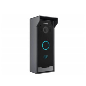 A sleek black smart video doorbell with a blue LED ring and camera lens visible on a white background.