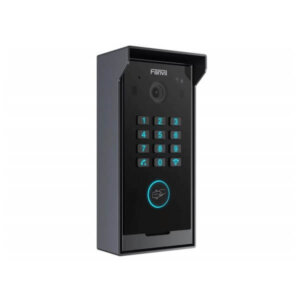 A modern digital door access system with numerical keypad and built-in camera on a white background.