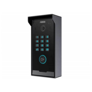 Black digital access control device with numeric keypad and built-in camera.