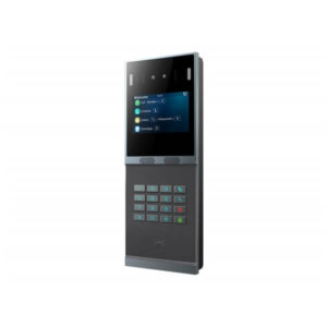 A sleek digital intercom system with a touchscreen display and numeric keypad against a white background.