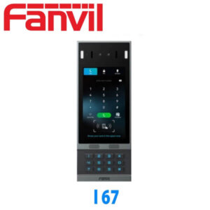 A Fanvil video intercom device with touchscreen display and numeric keypad showing the interface screen with call buttons.