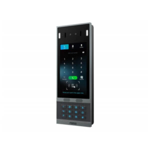 A sleek black digital access control device with touchscreen and numerical keypad on a white background.