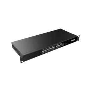 A black 24-port network switch isolated on a white background.