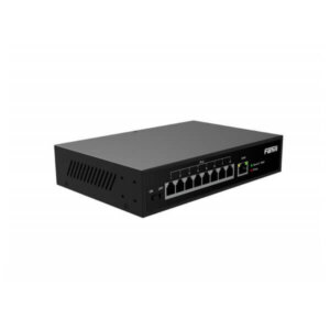 Black network switch with multiple ports, brand label visible, on a plain white background.