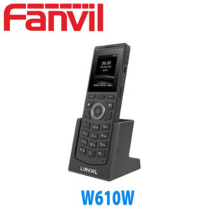 A Fanvil W610W wireless IP phone displayed in an upright position on its charging dock.