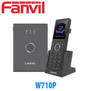 A Fanvil branded wireless intercom system with a charging base and handset displayed on a white background.