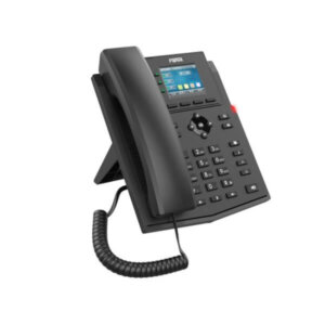 A black modern IP desk phone with a digital display and keypad on a white background.