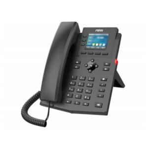 A black modern IP desk phone with a digital screen and keypad on a white background.