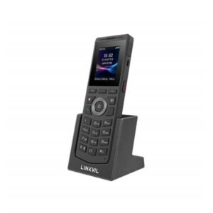 A sleek cordless phone with a digital display mounted on a charging dock, labeled LINKVIL.