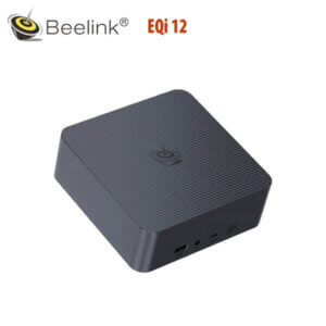 Sleek black mini PC with multiple ports, featuring a textured surface and the Beelink logo.