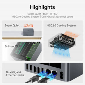 An infographic showcasing the main features of a tech device, including super quiet operation, built-in PSU, MSC2.0 cooling system, and dual Gigabit Ethernet jacks.