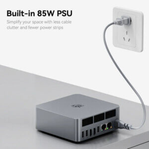 Compact device with built-in power supply connected to a wall outlet, reducing cable clutter.