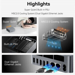 Overview of mini PC capabilities including quiet operation, built-in power supply, advanced cooling system, and dual Ethernet ports.