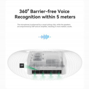 Overview of a device featuring 360° barrier-free voice recognition and enhanced audio quality within a 5-meter range.