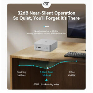 A compact device on a desk illustrating its ultra-quiet operation at 32dB, perfect for maintaining focus in a workspace.