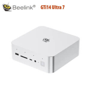 Compact white mini PC with multiple ports, showcasing the Beelink logo.