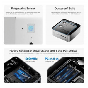 Overview of a compact PC featuring a fingerprint sensor for security, a dustproof build to prevent debris, and powerful RAM and SSD specifications for optimal performance.