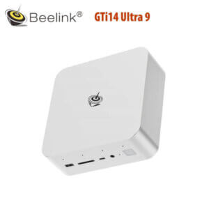 White mini PC with various ports and sleek design, featuring the Beelink logo on top.