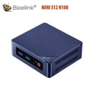 A compact mini computer with USB ports and a sleek design, showcasing the Beelink logo and model number.