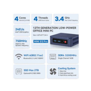 Details of the 12th generation low-power mini PC, including Intel core specifications, memory, storage options, and cooling system features.