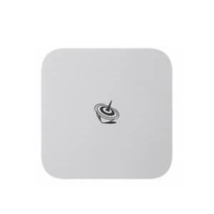 A clean and minimal wireless charger with a simple logo at the center.