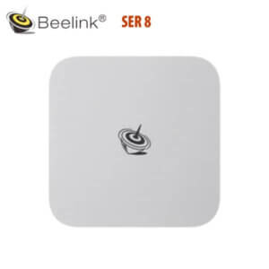 Compact design of Beelink SER 8 featuring a sleek white exterior and logo.