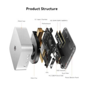 Exploded view diagram showcasing the components of a device, including the metal case, motherboard, CPU, and cooling system.