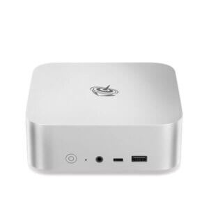 A sleek silver desktop device featuring a logo on top, with ports for audio, USB, and power on the front.