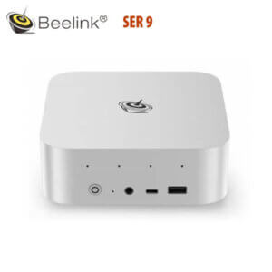 Front view of the Beelink SER 9 mini PC showcasing its sleek design and various ports.