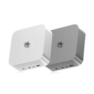 Two sleek wireless connectivity devices in white and silver with visible ports and logo.