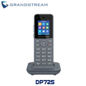 A sleek Grandstream DP725 cordless VoIP phone displayed on its charging dock, showcasing its colorful touchscreen and keypad.