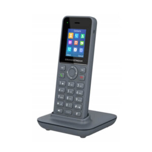 A sleek gray wireless VoIP phone with a digital display and keypad, placed on its charging dock.