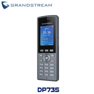 Image of the Grandstream DP735 cordless phone showcasing its features and display, including a digital screen and keypad.